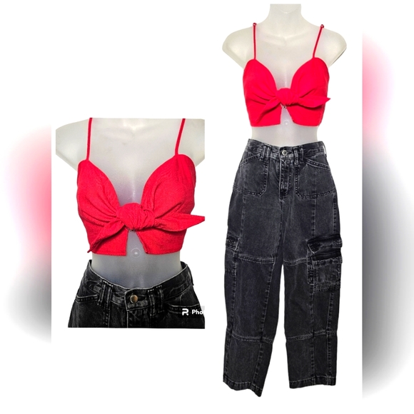 Morning Mist Red Strappy Crop Front Tie Top Sz 10 M - Picture 1 of 10